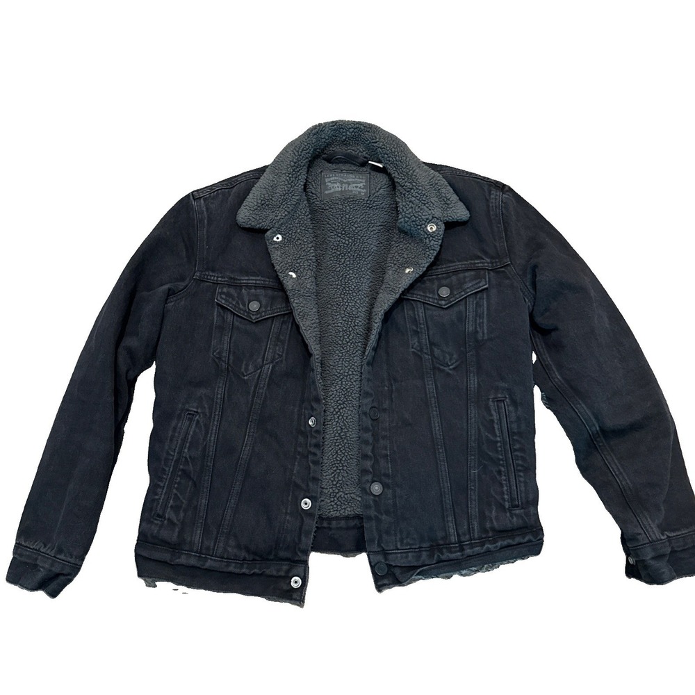 Levis M men's black Regular Fit Sherpa Faux Fur Lined Denim Trucker Jacket